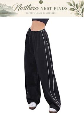 Women Parachute Pants Y2K Wide Leg Track Sweatpants Toggle Ankle Pockets